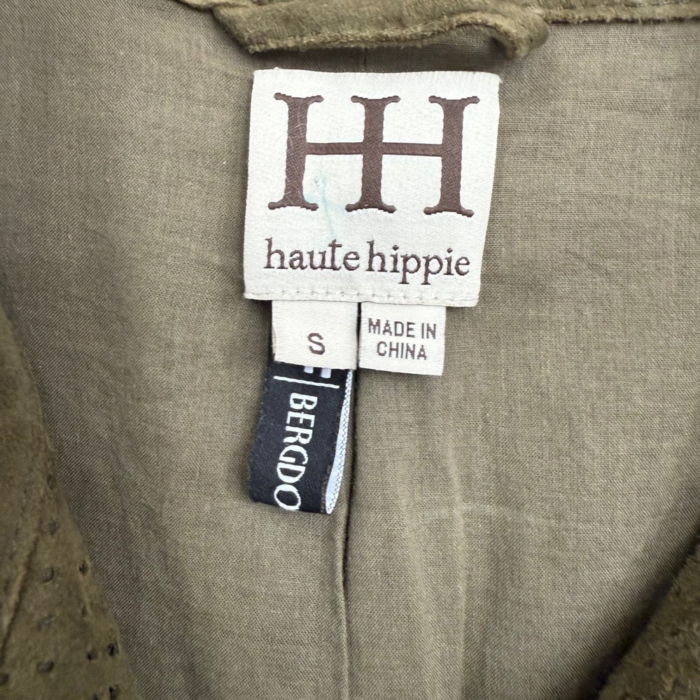 Haute Hippie Suede Leather Shirt Dress Olive Green Perforated Belted Utility - Picture 11 of 16